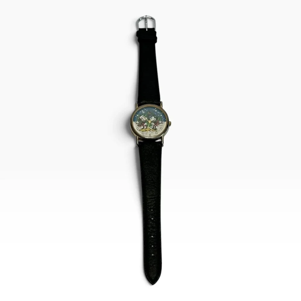 Vintage Disney Valdawn Mickey Minnie Christmas Watch Black Leather Tone